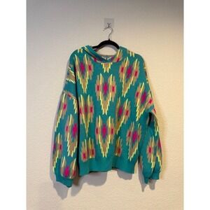 Crazy Train Womens Teal Aztec Geometric Pattern Knit Sweater Hoodie Boho 2XL